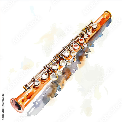 A watercolor of a flute, isolated on a white background. Flute vector.