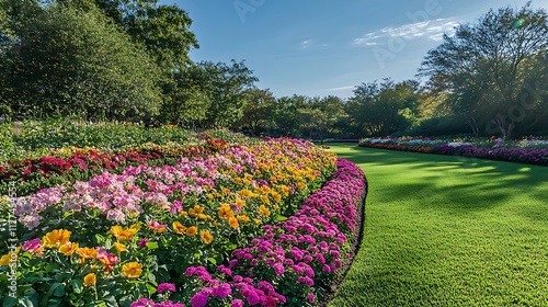 Vibrant dahlia and aster flowers bloom in a meticulously landscaped garden with a gently curving green lawn under a clear blue sky.