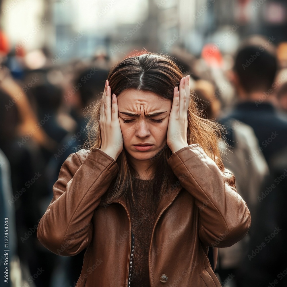 Crowded lady shields her ears from noise. Crowded lady shields her ears from noise.