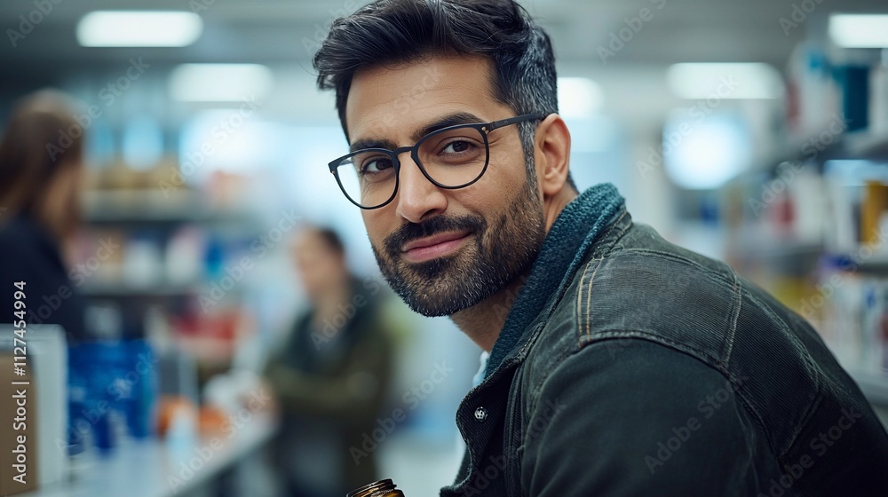 Obraz premium Smiling man with glasses in a store.
