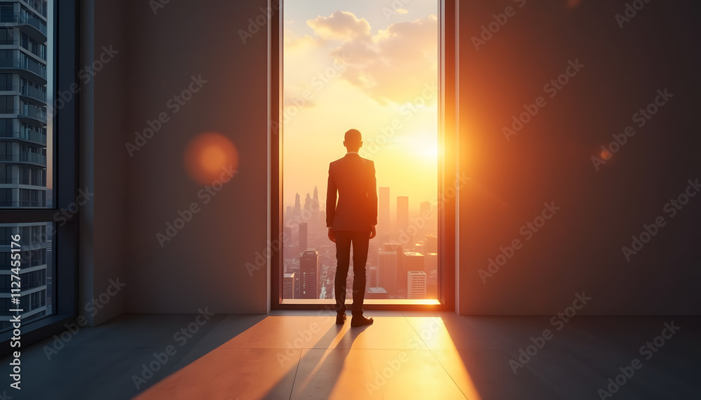 Obraz premium Businessman standing by window overlooking city skyline at sunse