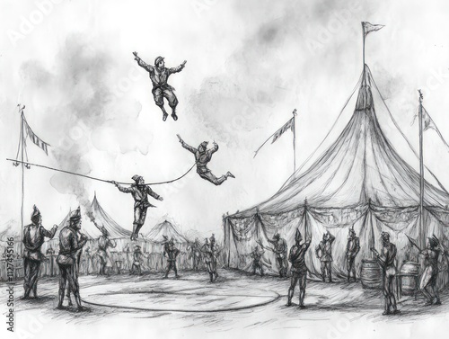 Circus performers fly, tightrope walking, audience watching.