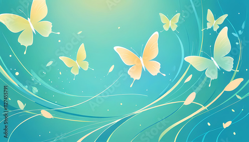 Whimsical butterfly illustration with flowing lines and vibrant background in pastel colors with copy space