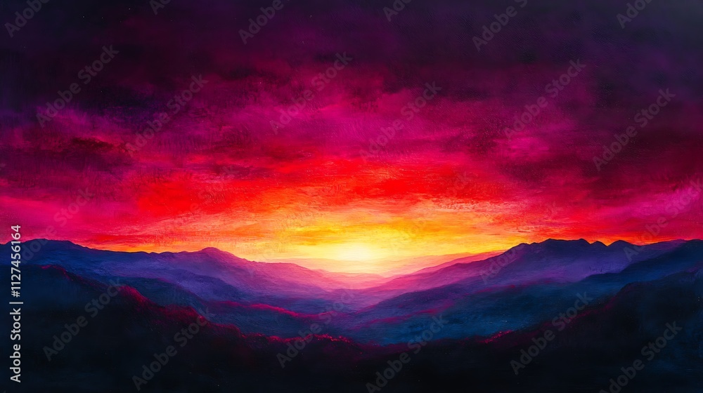 Fototapeta premium Vibrant sunset over a mountain range, painted in warm and cool tones.