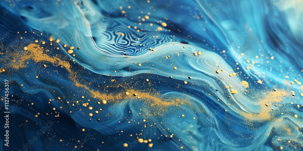 Abstract background with ethnic ornament and golden splashes on a blue background, shimmering effect.