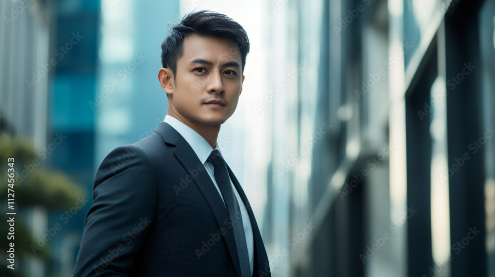Confident young asian businessman in a modern office building district exuding success Confident young asian businessman in a modern office building district exuding success