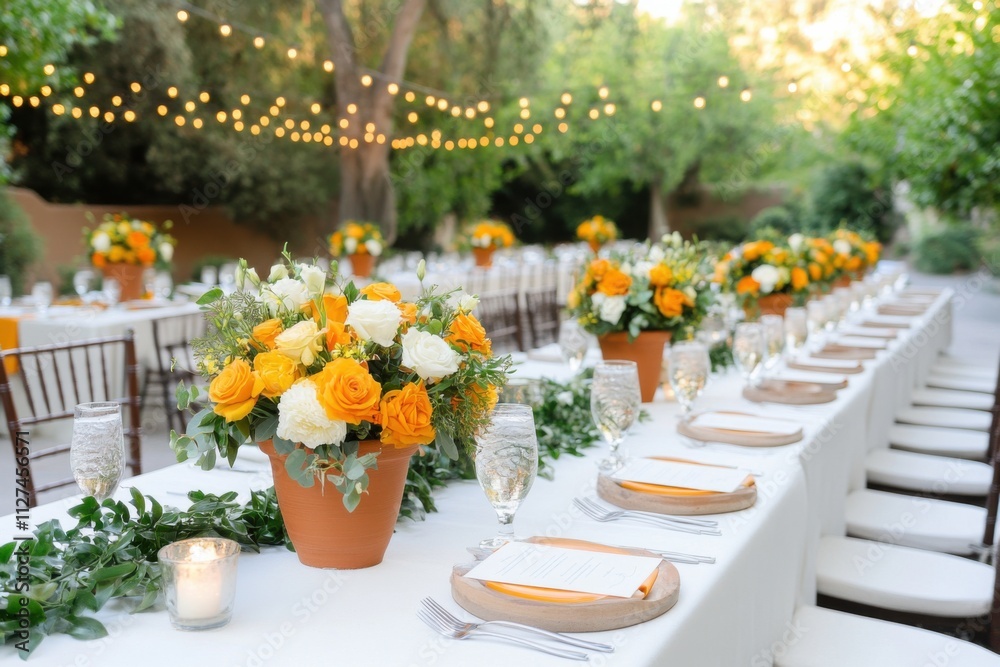 Obraz premium Stunning outdoor wedding setup featuring terracotta table settings and vibrant yellow floral arrangements under fairy lights