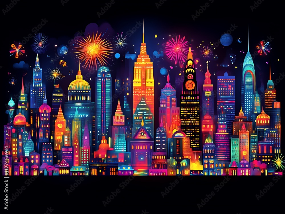 Fototapeta premium Vibrant Cityscape Illuminated by Fireworks at Night