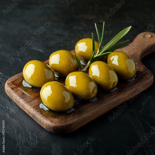 11 marinated green olives on black glass photo