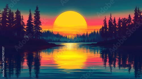 Vibrant sunset over calm lake reflecting colorful sky and silhouetted pine trees.