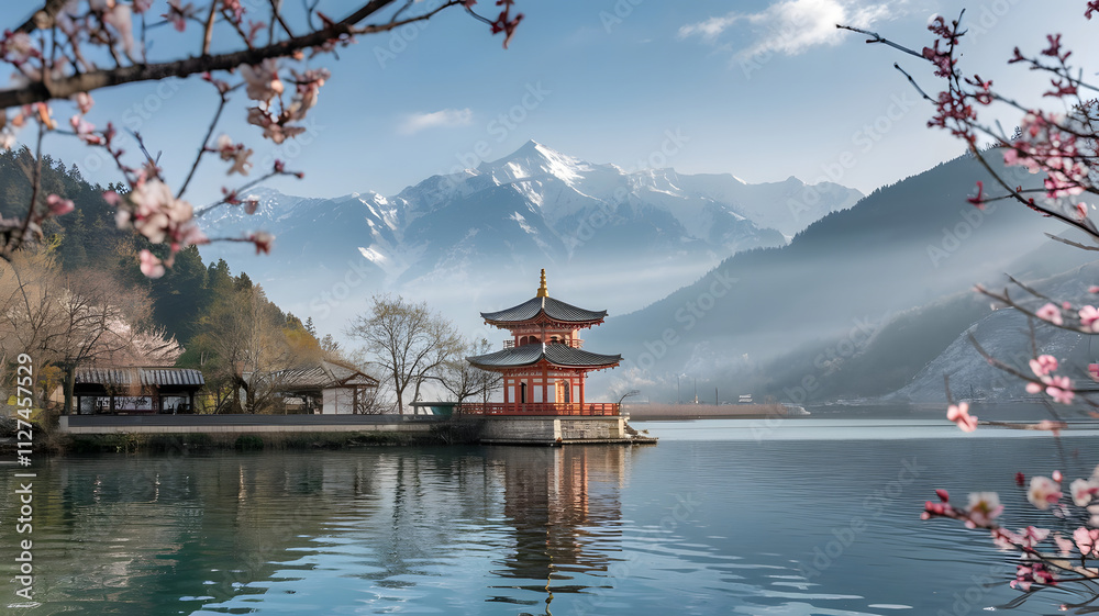 Obraz premium A serene pagoda overlooking a tranquil mountain lake, framed by blossoming trees