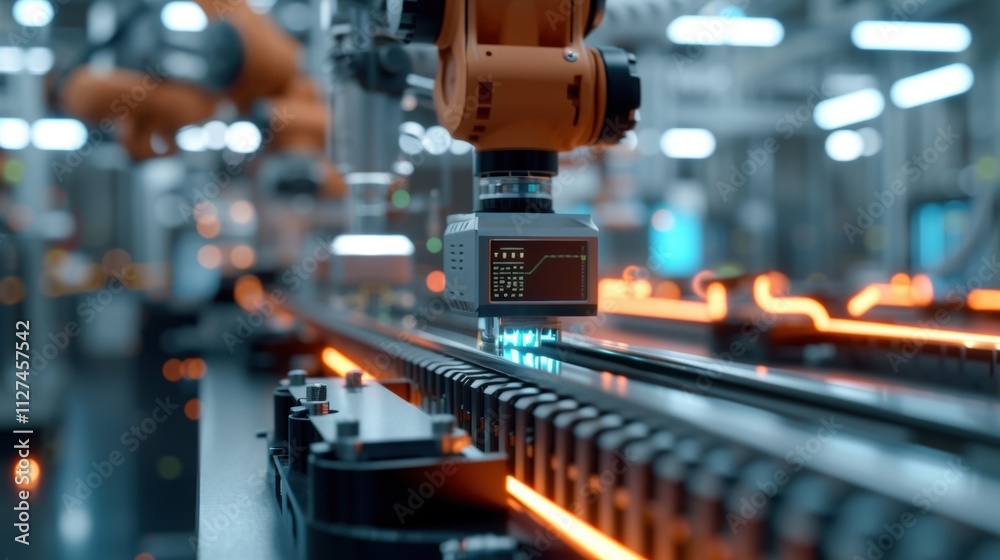 A detailed view of a 5Genabled sensor attached to a machine on the factory floor. The sensor collects realtime data and sends it directly to the edge computing system for A detailed view of a 5Genabled sensor attached to a machine on the factory floor. The sensor collects realtime data and sends it directly to the edge computing system for