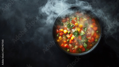 Steaming vegan soup from top view, above shot with copy space, vegetable filled bowl for lunch, tasty and healthy comfort meal.