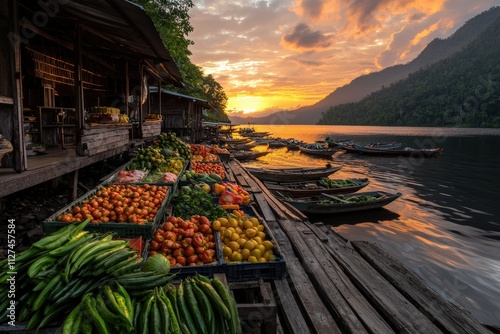 Sunset market scene featuring boats and fresh produce remote island village nature tranquil environment scenic viewpoint for culinary enthusiasts photo