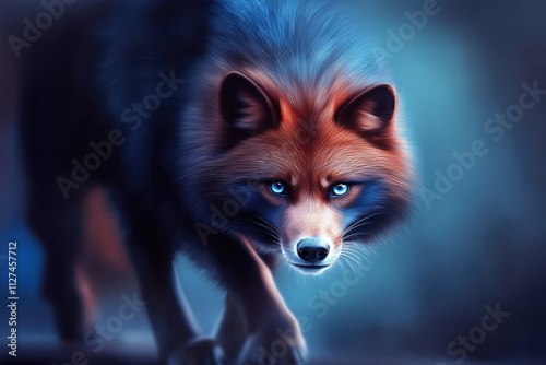 A captivating image of a fox with vivid blue eyes, its fur vibrant in hues of red and blue, creating a mysterious and enchanting aura as it approaches gracefully. photo