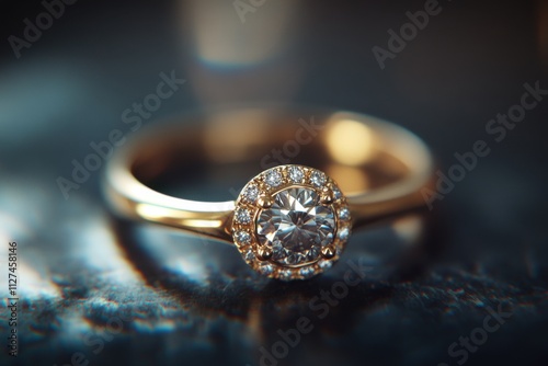 An engagement diamond ring rotates elegantly on a black background, capturing its brilliance. photo