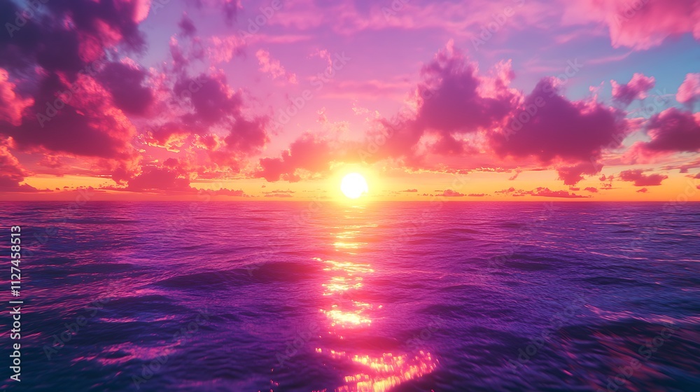 Obraz premium Vibrant sunset over calm ocean; pink, orange, and purple hues paint the sky and reflect on the water's surface.