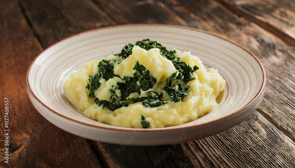 Bowl of Irish colcannon. Mashed potatoes mixed with kale. Tasty food for dinner. Cooking and culinary Bowl of Irish colcannon. Mashed potatoes mixed with kale. Tasty food for dinner. Cooking and culinary