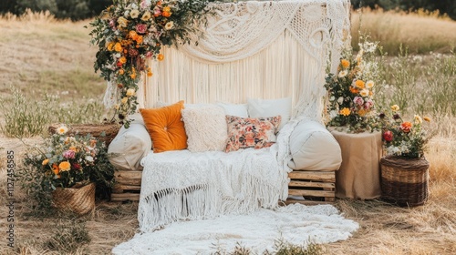 Vintage style outdoor lounge with floral decorations