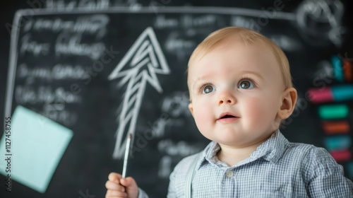 Baby entrepreneur pointing up with chalk arrow on blackboard, representing future business growth and success