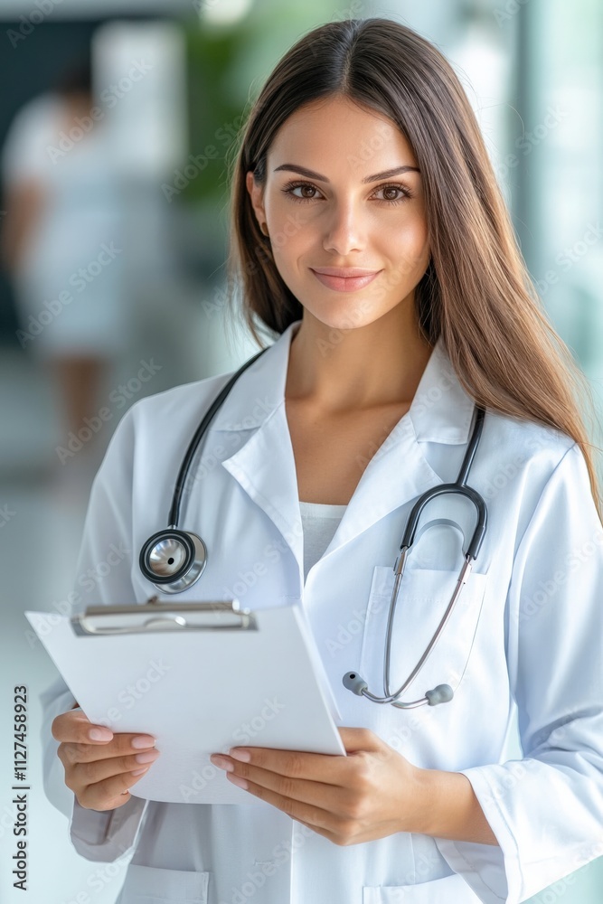 Confident Female Doctor Holding Clipboard in Hospital Corridor Confident Female Doctor Holding Clipboard in Hospital Corridor