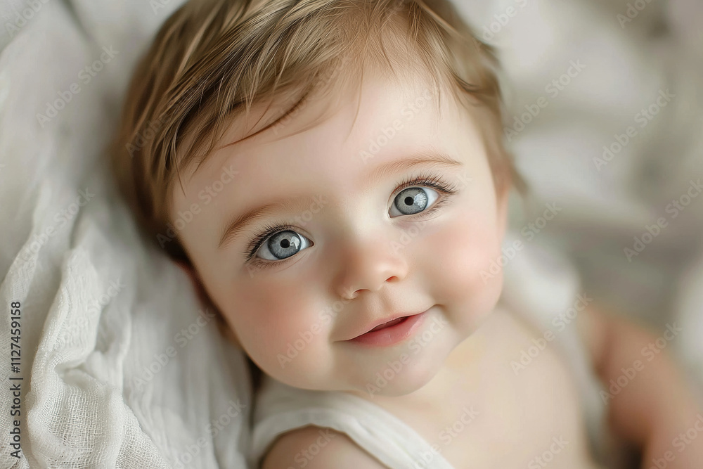A smiling baby with bright blue eyes and soft facial features, gazing warmly at the camera. The gentle lighting and neutral background highlight the child's innocence and joyful expression A smiling baby with bright blue eyes and soft facial features, gazing warmly at the camera. The gentle lighting and neutral background highlight the child's innocence and joyful expression