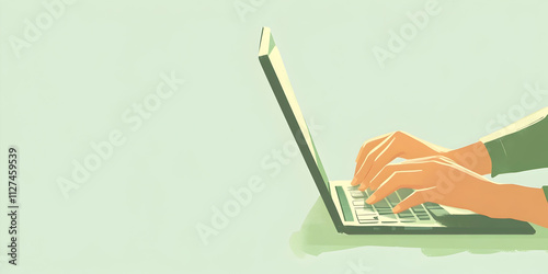 Focused Productivity: Hands Typing on a Laptop Against a Light Green Background-