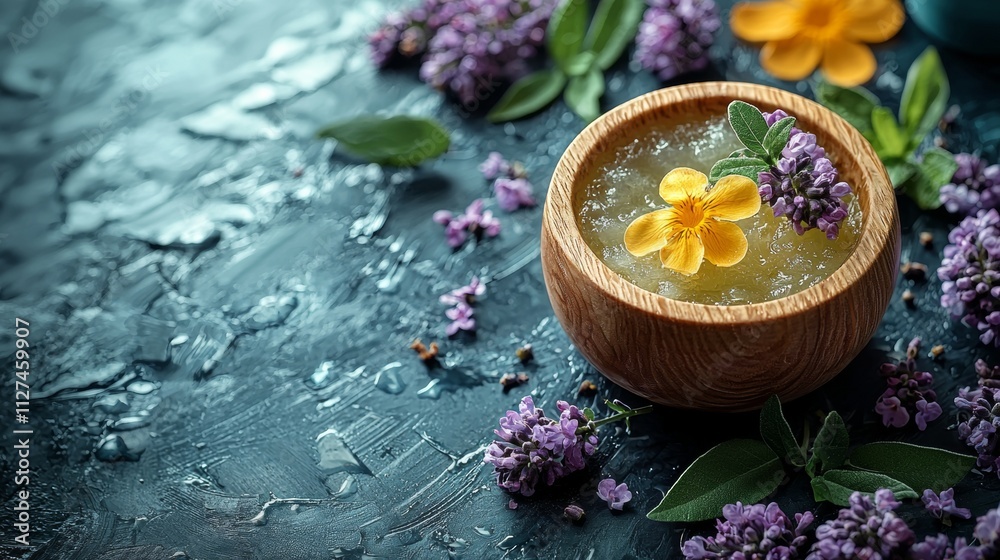 Natural gel with yellow and purple flowers