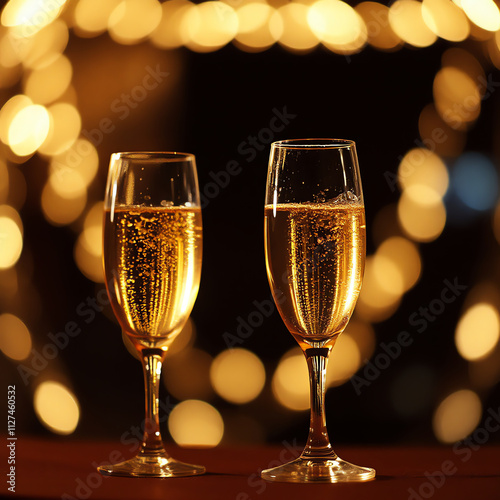 two filled crystal glasses ready for a toast. Glass glasses on a dark background and reflections with blurred lights and gold bokeh. To celebrate a party, an anniversary, party.