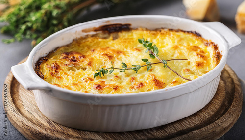 Tasty French gratin dauphinois. Delicious potato dish. Food for dinner. Cooking and culinary. photo