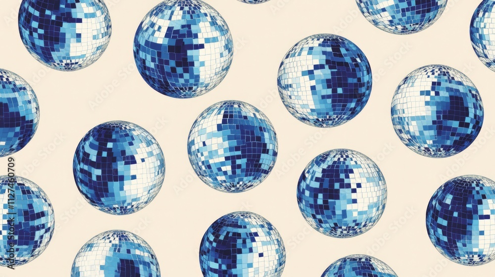 A pattern of blue disco balls on white A pattern of blue disco balls on white