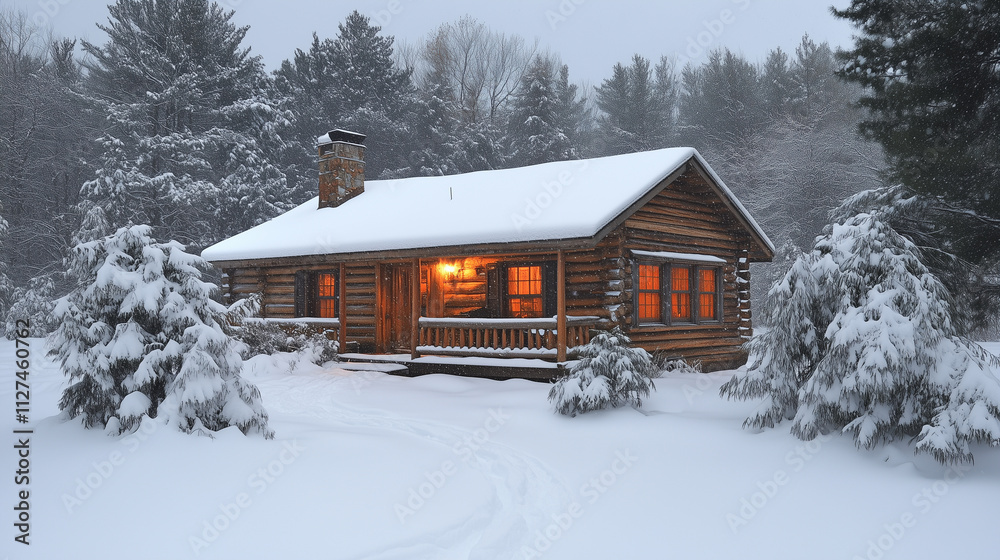 A rustic wooden cabin surrounded by deep snow and evergreen trees. A rustic wooden cabin surrounded by deep snow and evergreen trees.