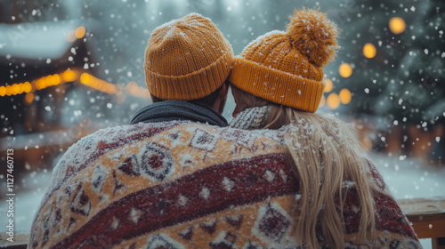 A couple cuddled together under a blanket, watching snow fall outside.