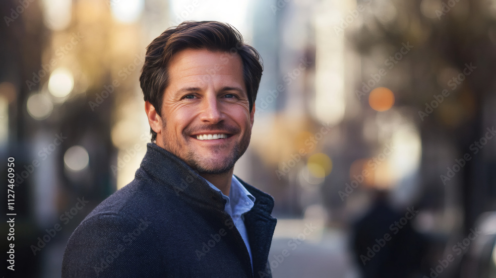Fototapeta premium Confident businessman walking down a busy city street with a smile, exuding professionalism and success during the daytime