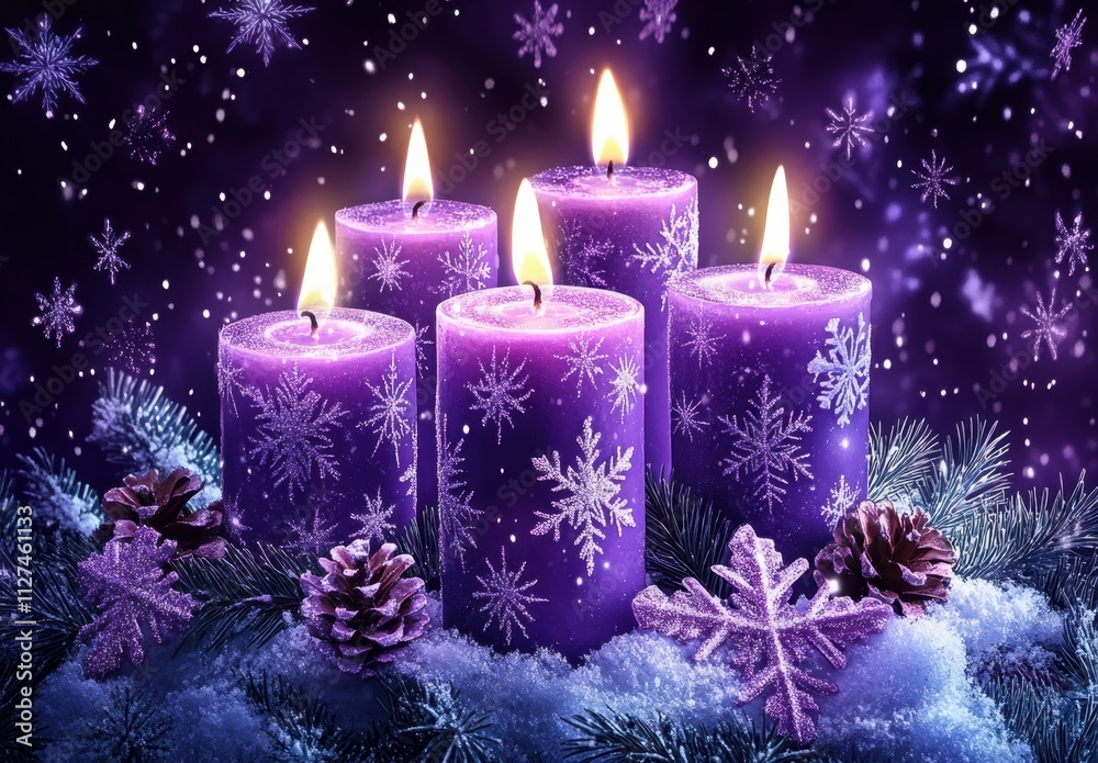 Stylized purple candles with snowflakes and mistletoe on an enchanting background of twinkling lights, creating a magical atmosphere for Christmas Generative AI Stylized purple candles with snowflakes and mistletoe on an enchanting background of twinkling lights, creating a magical atmosphere for Christmas Generative AI