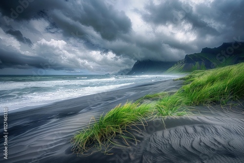 Stormy beach with dark clouds, waves and green grass in the foreground, capturing nature s dramatic beauty and contrasting colors of the ocean and sky in a moody atmosphere photo