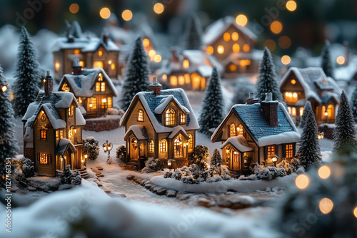 A festive village scene with tiny illuminated houses and snow-covered roofs.