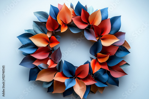 A holiday wreath crafted from colorful paper and displayed on a white wall. photo