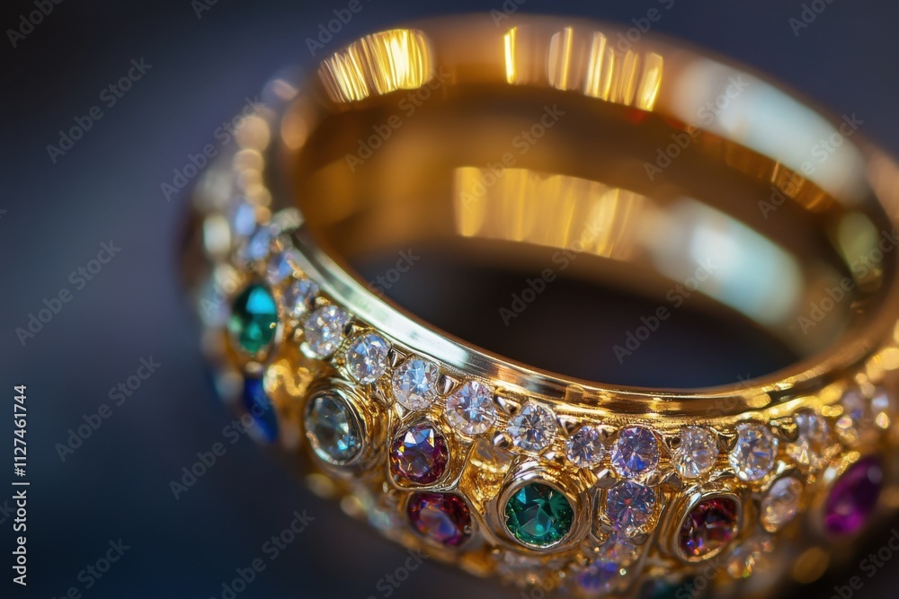 A close-up of a rotating jewelry ring sparkling with gemstones, showcasing intricate details and elegance. A close-up of a rotating jewelry ring sparkling with gemstones, showcasing intricate details and elegance.