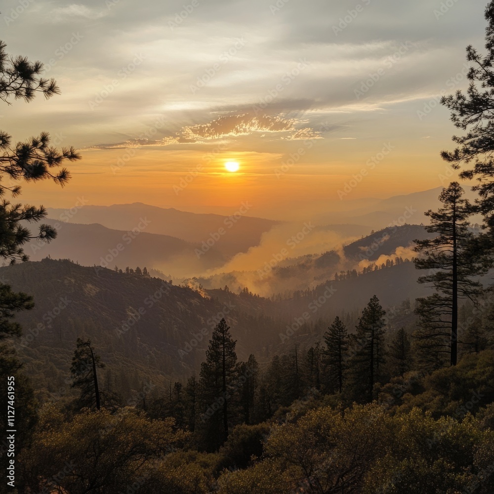 Obraz premium Picturesque sunset at Sequoia National Park, with smoke from controlled burns.