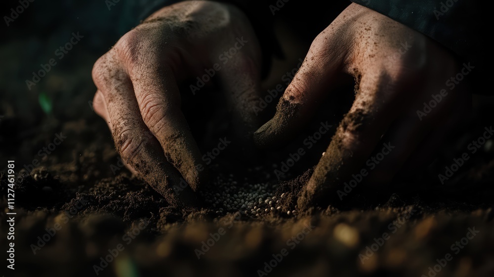 Planting seeds: close-up of hands gardening and nurturing new growth in soil Planting seeds: close-up of hands gardening and nurturing new growth in soil