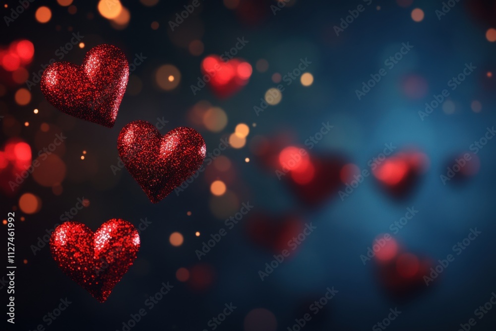 Sparkling red hearts float gently against a dark background. Sparkling red hearts float gently against a dark background.
