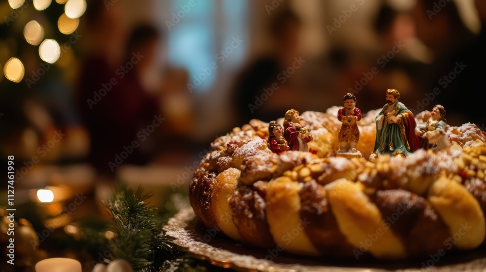 Traditional rosca de reyes cake with hidden figurine for celebration of epiphany Traditional rosca de reyes cake with hidden figurine for celebration of epiphany