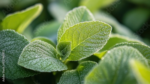 Fresh morning dew on vibrant green leaves - nature's serenity and renewal photo