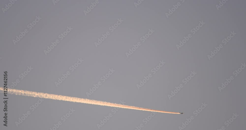 Airplane jet streaks across the sky leaving contrail trail Airplane jet streaks across the sky leaving contrail trail