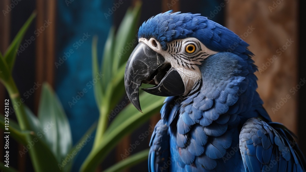 Obraz premium Cute Parrot, Hyacinth Macaw, Bird, Beautiful Pet, A close-up Portrait, Animal, Marble, Home, Indoor, Wallpaper, Screensaver, Background