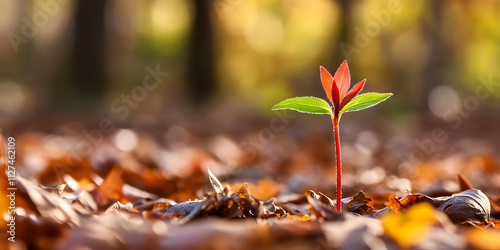 New Plant Shoots Emerging from Fallen Autumn Leaves in a Peaceful Forest-