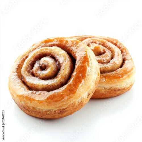 Two un-iced homemade cinnamon buns from the side on white photo