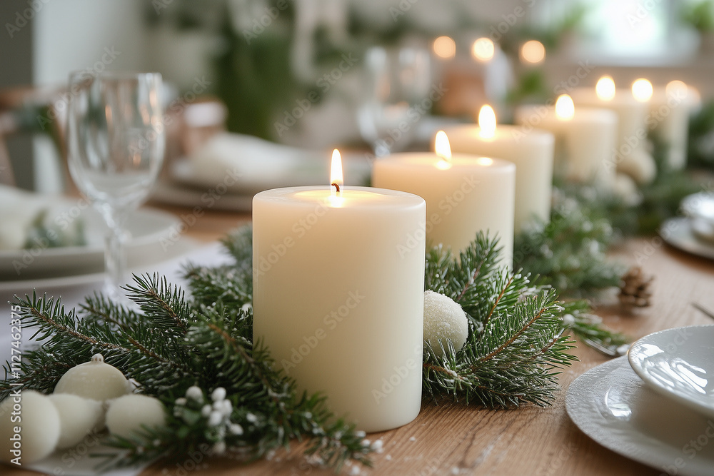 A minimalist holiday table setting with white candles and evergreen branches. A minimalist holiday table setting with white candles and evergreen branches.