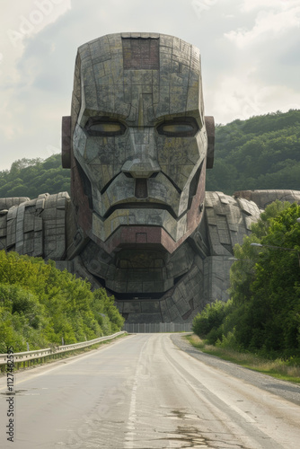 A large statue of a man with a face made of metal and stone